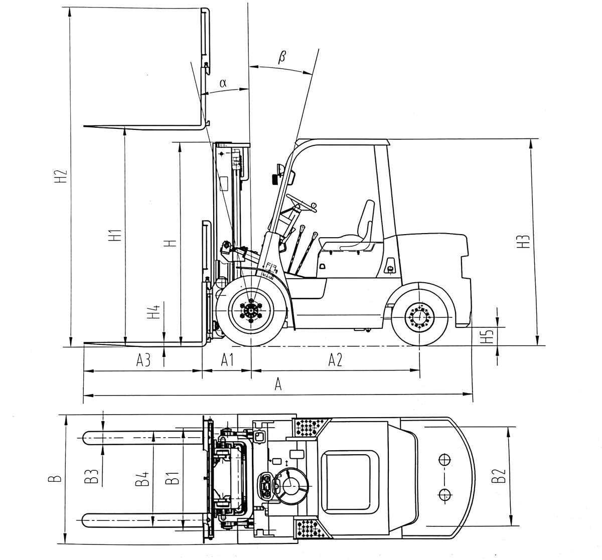 Desenhos de visão geral do empilhador a diesel de 2 toneladas